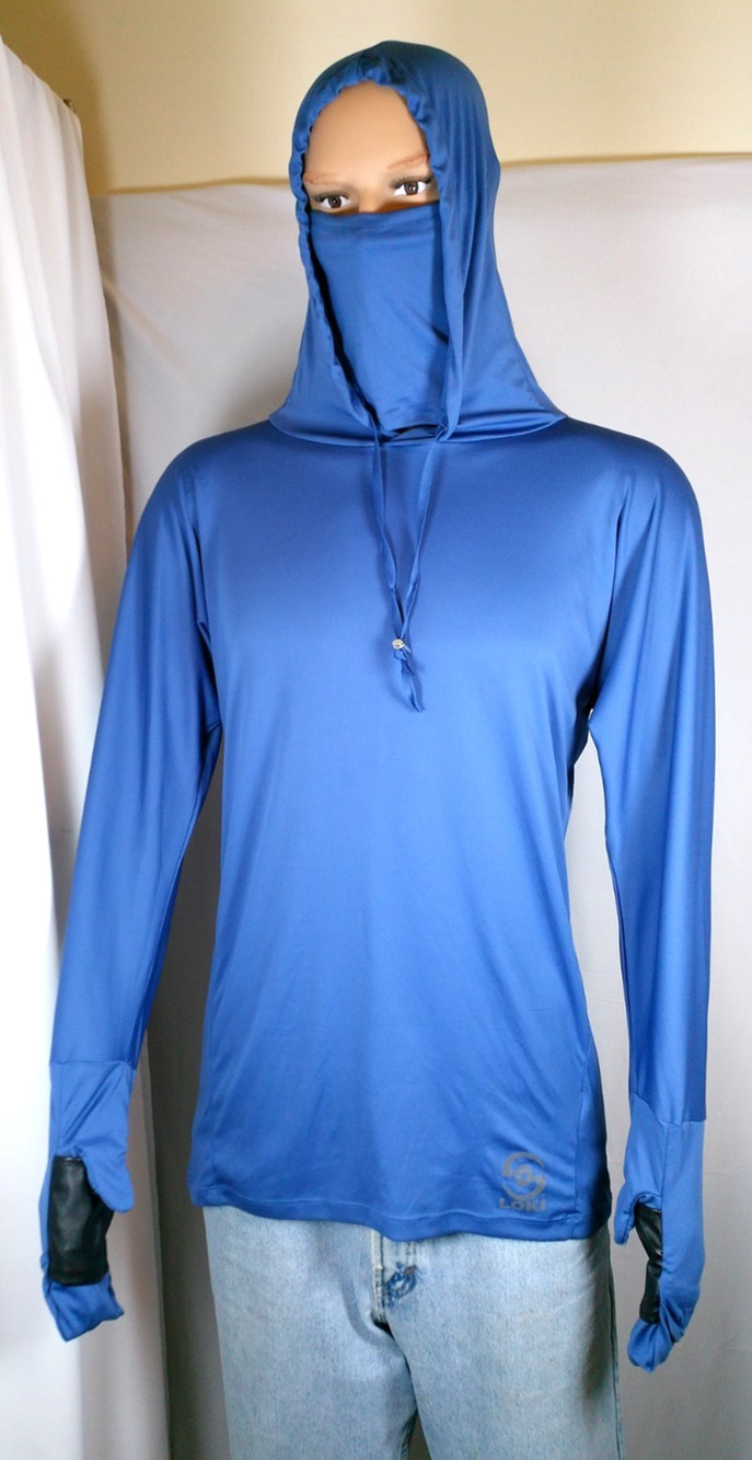 Loki Hooded Performance Shirt Face Mask Thumb Holes Blue Mens Large